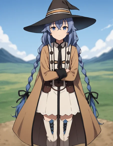 score_9, score_8_up, score_7_up, source_anime, rating_explict,
1girl, solo, looking at viewer, outdoors, mountains, blurry background, teen, fullbody, crossed hands,
<lora:roxy_migurdia_anime_s2_v4-soralz:1>, roxy migurdia, long hair, blue hair, hair between eyes, twin braids, crossed bangs, black ribbon,
black hat, brown cape, collared shirt, long sleeves, black necktie, white dress, pinafore dress, zettai ryouiki, white thigh boots