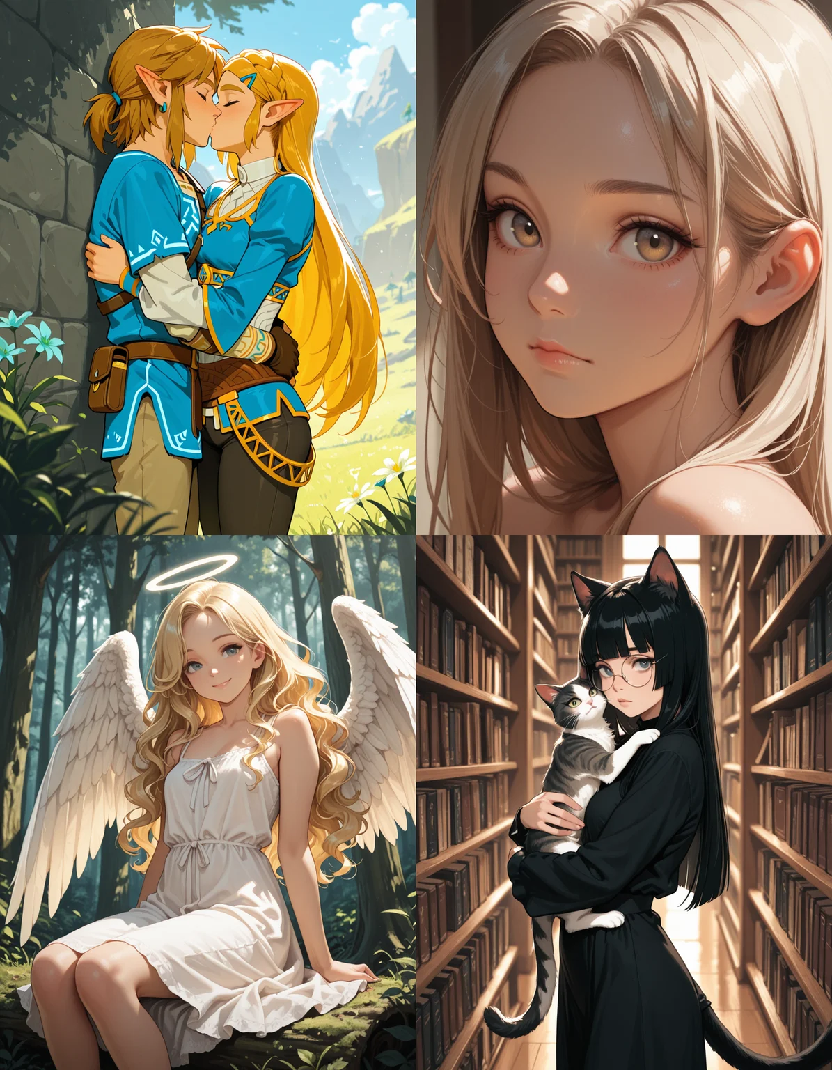 https://civitai.com/articles/8642 __ 1st image: masterpiece, best quality, 1girl, 1boy, princess zelda, the legend of zelda: breath of the wild, standing, kiss, hug, closed eyes, outdoors __ 2nd image: masterpiece, best quality, 1girl, face, portrait, looking at viewer, closed mouth __ 3rd image: masterpiece, best quality, 1girl, solo, blonde hair, wavy hair, angel, angel wings, halo, smile, sitting, forest, white dress __ 4th Image: masterpiece, best quality, 1girl, solo, long hair, black hair, blunt bangs, straight hair, round eyewear, cat girl, cat ears, cat tail, standing, hug, cat, looking at viewer, library