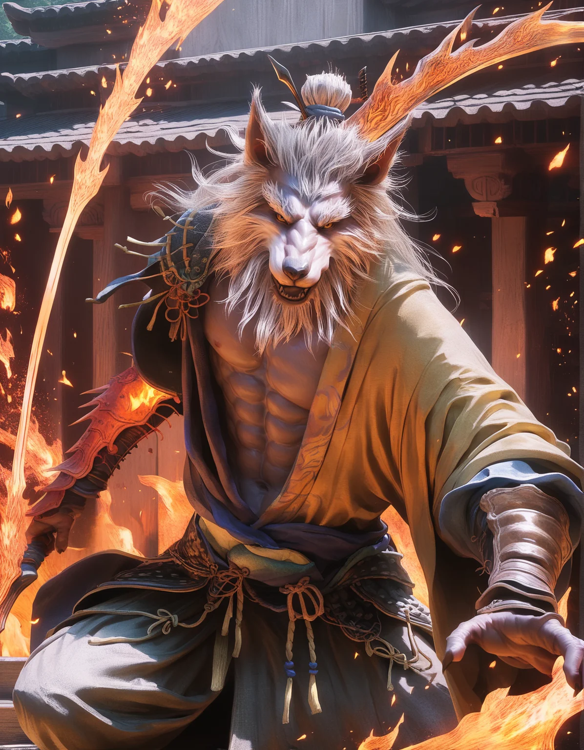 score_9, score_8_up, score_7_up, score_6_up, source_furry,
gz, wolf yaoguai, male, anthro, solo, mature, white mane hair, white beard, gauntlets, hair bun, chinese clothing, battle robe, gauntlets, hair tie, yellow eyes, BREAK
gz, wolf yaoguai, male, anthro, solo, mature, three-quarter portrait, fighting pose, action pose, holding weapon, double blade spear, fire blade, swinging weapon, fire, sparks, asian building, detailed background, motion blur, humanoid hands, looking at viewer, fur, yellow eyes,
<lora:BlackMythWolves_1.0.b:1>