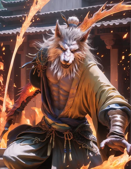 score_9, score_8_up, score_7_up, score_6_up, source_furry,
gz, wolf yaoguai, male, anthro, solo, mature, white mane hair, white beard, gauntlets, hair bun, chinese clothing, battle robe, gauntlets, hair tie, yellow eyes, BREAK
gz, wolf yaoguai, male, anthro, solo, mature, three-quarter portrait, fighting pose, action pose, holding weapon, double blade spear, fire blade, swinging weapon, fire, sparks, asian building, detailed background, motion blur, humanoid hands, looking at viewer, fur, yellow eyes,
<lora:BlackMythWolves_1.0.b:1>