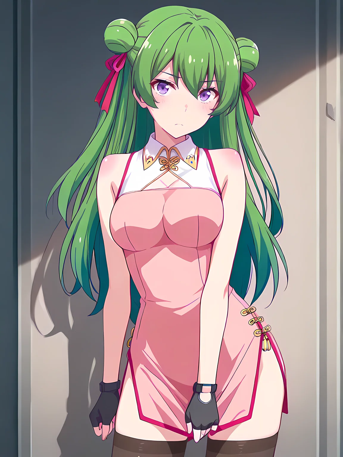 (masterpiece, very aesthetic, absurdres, best quality, high quality, cinematic shadow:1.4), body blush,character focus,perfect hands,medium breasts,sidelocks, cowboy shot, <lora:HandFixer_pdxl_Incrs_v1:1> handfixer,looking at viewer,<lora:StS-Illustrious-Detail-Slider-v1.0:3>, <lora:bai:1>,bai, long hair, green hair, bangs,double bun,hair ribbon, purple eyes,
baidress,bare shoulders, sleeveless chinese dress, pink dress,cleavage cutout, black fingerless gloves, side slit,black thighhighs, contrapposto,