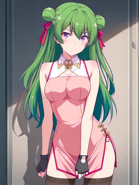 (masterpiece, very aesthetic, absurdres, best quality, high quality, cinematic shadow:1.4), body blush,character focus,perfect hands,medium breasts,sidelocks, cowboy shot, <lora:HandFixer_pdxl_Incrs_v1:1> handfixer,looking at viewer,<lora:StS-Illustrious-Detail-Slider-v1.0:3>, <lora:bai:1>,bai, long hair, green hair, bangs,double bun,hair ribbon, purple eyes,
baidress,bare shoulders, sleeveless chinese dress, pink dress,cleavage cutout, black fingerless gloves, side slit,black thighhighs, contrapposto,