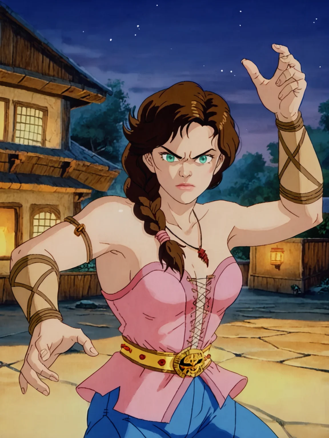 score_9, score_8_up, score_7_up,1girl, solo, jezmineconanadv, turquoise eyes, brunette hair, long hair, braid, <lora:100_jezmine_pdxl:1>, pink jez bustier, deep cleavage, armband, necklace, outdoors,looking at viewer, medium breasts, bare shoulders, night, blue stitched pants, gold belt, outside tavern, fighting stance, determined, view from above, bare back, back, bracers, vambrace