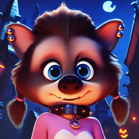 score_9, score_8_up, source_cartoon, winnie, 1girl, solo, pink shirt, blue eyes, earrings, collar, furry, aged up, low twintails, castle, night, outdoors, sfw, halloween