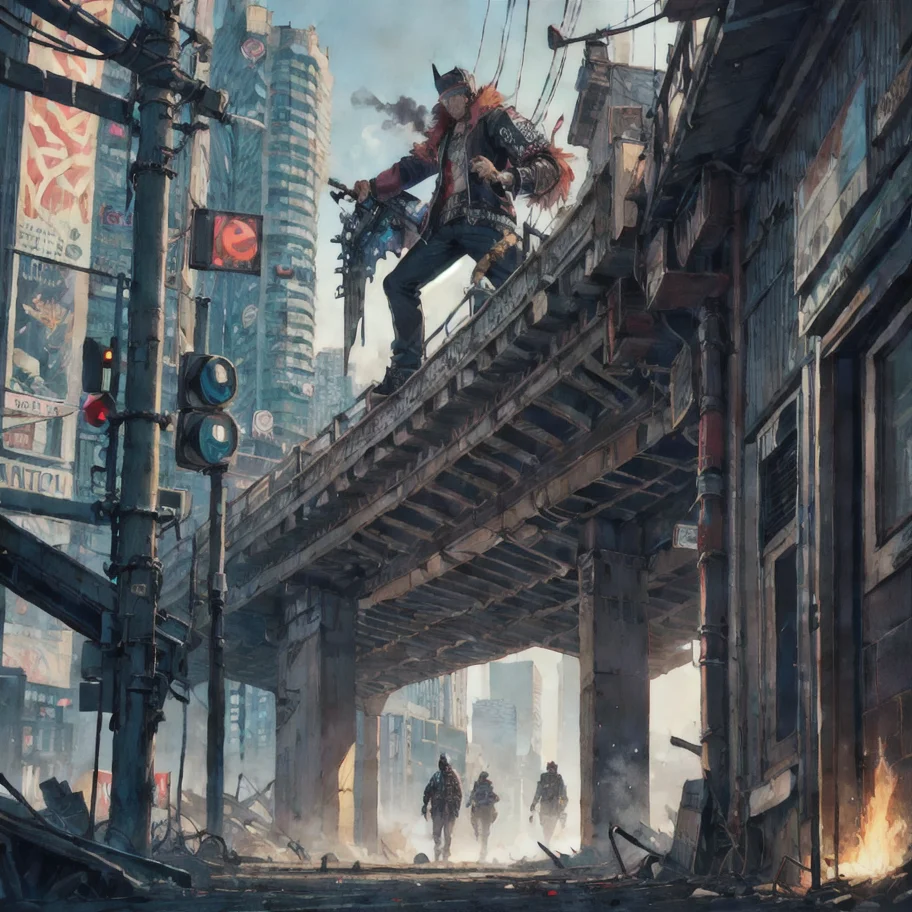 city, cyberpunk, fantasy punk, asian punk, steam punk, Highly detailed and finely crafted with crazy details, The man is destroying city