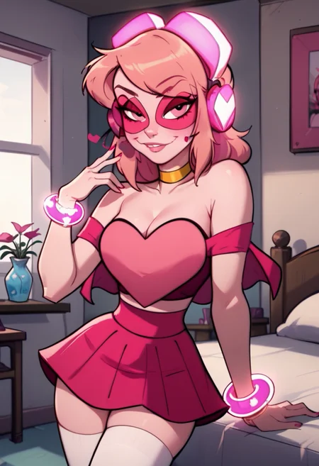 score_9, score_8_up, score_7_up, <lora:miss_heed:1> missheedxl, 1girl, pink hair, pink skin, headphones, choker, pink eyes, cleavage, bracelet, jewelry, heart, crop top, pink skirt, thighhighs, sunglasses, medium breasts, miniskirt, bare shoulders, bedroom,