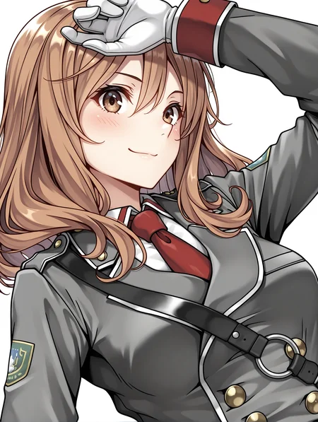masterpiece,best quality,newest,
1girl,solo,
<lora:rail_clave_ilxl_v1.2:1>,rail_clave,brown hair,brown eyes,r_uniform,red necktie,ä¸ï·¿åå¸,military uniform,white gloves,<lora:Fixhands_anime_bdsqlsz_V1:1>,cinematic_angle,dynamic_angle,white_background,simple_background,face_focus,looking_at_viewer,light_blush,smile,upper_body,hand_in_hair,profile,from_above,from_side,