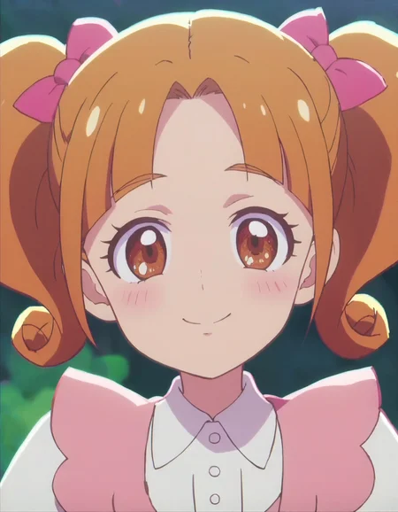 score_9, score_8_up, score_7_up, anime screencap,1girl, solo, twintails, pink dress,white shirt, brown hair, brown eyes, bow,blush,happy,looking at viewer,center parted bangs ,closed mouth,<lora:IchijoRankoV2:0.8>