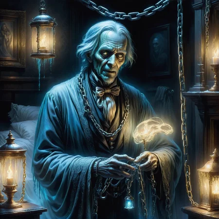Translucent and shimmering, the Ghost of Jacob Marley haunts the confines of Ebenezer Scrooge's darkened bedroom. Draped in heavy chains, each link clinking with the weight of past misdeeds, Marley's spectral presence illuminates the room with an eerie, blue ethereal glow. <lora:SDXLFrosted:0.5> FrostedStyle, <lora:add-detail-xl:0.8>