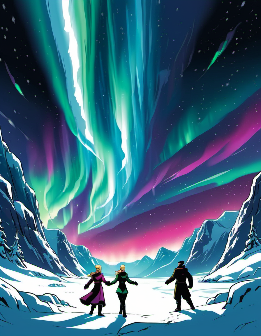 breathtaking graphic novel illustration Deep within the arctic circle, an aurora paints the sky with vibrant hues of green, pink, and purple. The snow below reflects this dance of lights, and the world is enveloped in a mesmerizing symphony of color. <lora:Graphic_Novel_Illustration-000007:1>