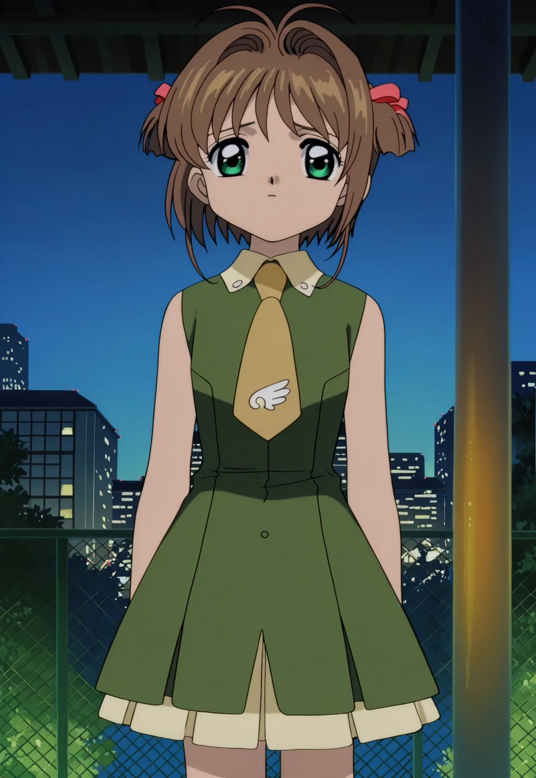 on-model, accurate art style, anime screencap, anime coloring, show accurate, cartoon screencap, movie accurate, official screencap, style parody, flat colors, official art, proper proportions, extremely detailed, newest, 2024, BREAK, 1girl, CCS_Sakura, kinomoto sakura, brown hair, short hair, bangs, antenna hair, hair intakes, green eyes, sleeveless, dress, sleeveless dress, green dress, necktie, collared dress, yellow necktie, hair intakes, hair ribbon, two sides up, standing, looking at side, worry, BREAK, detailed background, outdoors, downtown Hong Kong, BREAK, POV, cowboy shot, BREAK, vibrant colors, cinematic lighting, 75% soft lighting, 25% dark lighting, cardcaptor sakura movie 1