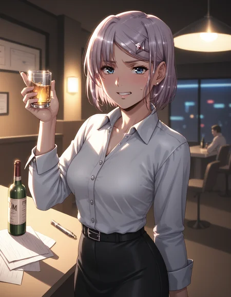 score_9, score_8_up, score_7_up <lora:neilis-ponyxl-000024:1> neilis, hairclip, office lady,
1girl, light blush, drunk, bar, dim lighting