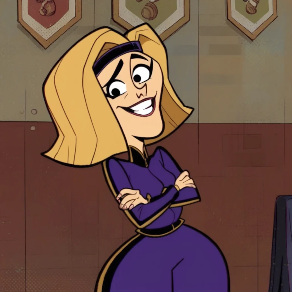Coach Greer, 1girl, solo, purple tracksuit, headband, blonde hair, large hips, smile, score_9, score_8_up, score_7_up