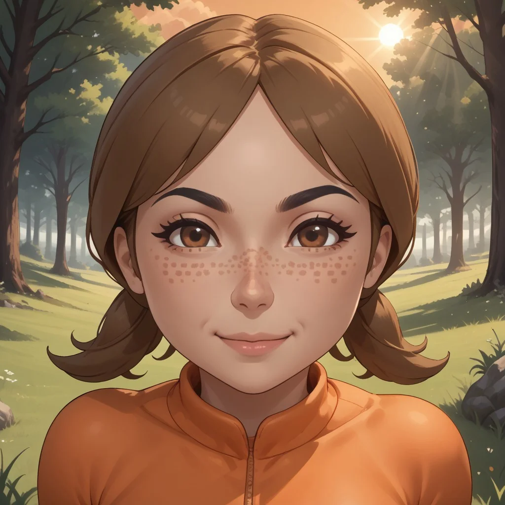 score_9, score_8, BREAK, solo, mii, wii, wii sports, 1girl, female mii, dark blonde hair, low ponytails, white skin, brown eyes, freckles, smile, black eyebrows, orange clothing, black pants, breasts, shoes, cute, Lucía_(\Wii_Sports\), Nintendo Mii, modern_mii, classic_mii, sexy pose, self portrait, smile, outdoors, sunlight, shadows, evening lighting, natural lighting, forest, trees, grass, orange sky, sunset