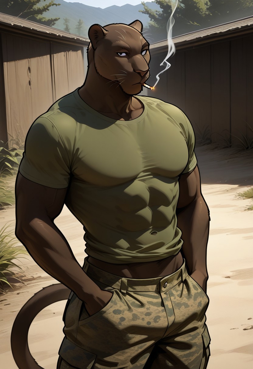 high quality, Masterpiece, best quality, high quality, detailed, male, solo male, 1boy, Coal Gadot, anthro, panther, mature male, animal ears, dark brown body, athletic build, black eyes, muscular male, outdoors, looking at viewer, standing, smoking a cigarette, light green shirt, military, camo pants, half body, wide hips, hands in pants pockets, thick thighs, pecs, abs, buff