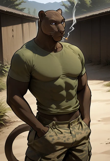 high quality, Masterpiece, best quality, high quality, detailed, male, solo male, 1boy, Coal Gadot, anthro, panther, mature male, animal ears, dark brown body, athletic build, black eyes, muscular male, outdoors, looking at viewer, standing, smoking a cigarette, light green shirt, military, camo pants, half body, wide hips, hands in pants pockets, thick thighs, pecs, abs, buff
