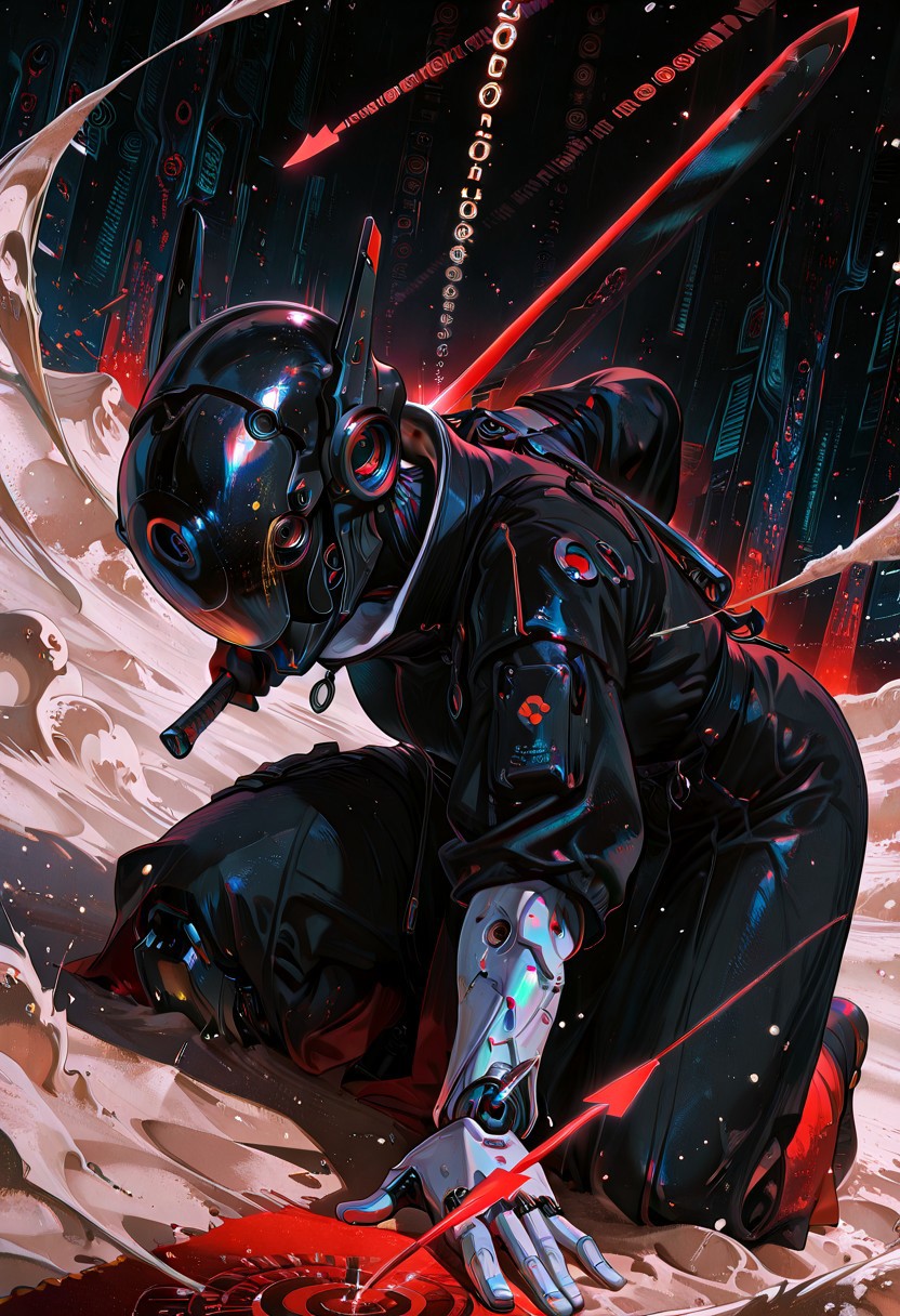 masterpiece, newest,absurdres,very awa, solo, cyborg, (from side:0.9), jacquard fabric, damask, , intricate detail, helmet,dynamic pose, iridescent, holding sword, sword behind back, dynamic angle, pointing weapon at viewer, action pose, hand on ground, foreshortening, (transparent:0.9),,(huge weapon:1.1),  motion lines, depth of field, (depth:1.2), depth of field, mcnm BREAK robe, techwear, geometric, layered fabric,outdoors, snow, ,(binary:1.2), reflection, abstract background, neon trim,, 4ki4k4ne_illu,, r17329_illu, abstract, red sand, martian, sand particles, dust, arrow symbol,surreal lighting, high-contrast shading, gradient color, trippy, halftone