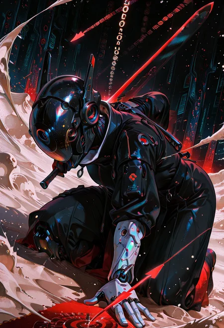 masterpiece, newest,absurdres,very awa, solo, cyborg, (from side:0.9), jacquard fabric, damask, , intricate detail, helmet,dynamic pose, iridescent, holding sword, sword behind back, dynamic angle, pointing weapon at viewer, action pose, hand on ground, foreshortening, (transparent:0.9),,(huge weapon:1.1), motion lines, depth of field, (depth:1.2), depth of field, mcnm BREAK robe, techwear, geometric, layered fabric,outdoors, snow, ,(binary:1.2), reflection, abstract background, neon trim,, 4ki4k4ne_illu,, r17329_illu, abstract, red sand, martian, sand particles, dust, arrow symbol,surreal lighting, high-contrast shading, gradient color, trippy, halftone
