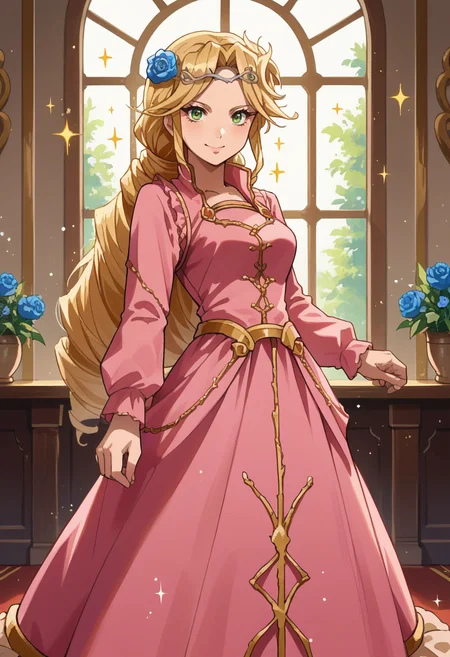 score_9, score_8_up, source_anime, 1girl, solo, LakyusAlveinDaleAindra, long hair, drill hair, ponytail, hair flower, circlet, long dress, pink dress, frills, bow, :d, sparkles, sparkling, smile, indoors, standing, <lora:ChamLakyusAlveinDaleAindraPonyXL:1>