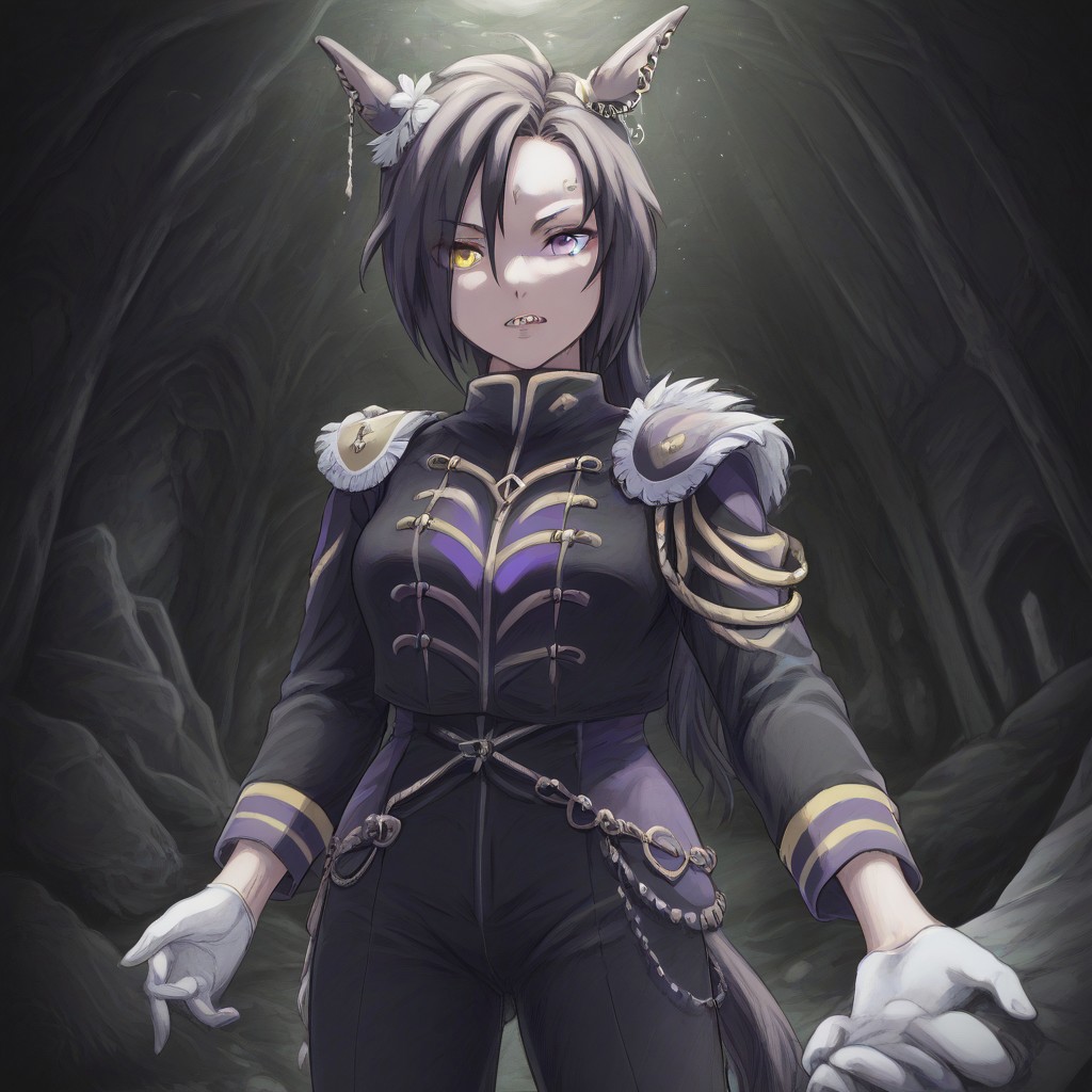 (Naruto_Manda, hybrid snake human, horse tail, sharp teeth, horse ears, ear ornament, single ear cover, horns, heterochromia, purple eyes, yellow eyes, black jacket, epaulettes, aiguillette, long sleeves, white gloves, black pants, eyebrow piercing, ear piercing,((1girl ,1women)) , female,  ),purple religious tunic, sleeves, hood, scaly skin, , green eyes, reptile eyes, inside cave, human bones on floor, jewelry, holding human skull, airshakurprime, low wings,