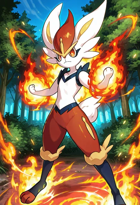 masterpiece, best quality, no humans, zzCinderace, spinning motion, embers, shadow play, forest glade, firelight, intense expression, moving pose, sparks, glowing aura â In the heart of a shadowy glade, Cinderace twirls in mid-air, its limbs extended as a cyclone of embers whirls around it. The firelight casts dancing shadows on the trees, and its eyes burn with fierce grace. Each motion releases bursts of flame from its feet, and the air ripples with heat. The forest seems to pause, mesmerized by the rhythm of its fiery performance. <lora:CinderacePokedex_IXL:1.0>,