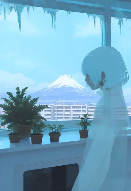 solo, 1girl, plant, white hair, potted plant, mountain, window, sky, short hair, profile, scenery, building, blue sky <lora:748cmXL_NBVP1_lokr_V6311PZ:0.95>