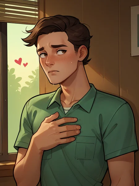 portrait of trevor_dvc man, tan skin, short dark brown hair, dark brown eyes, green shirt, hiding, flustered, clutching chest, heavily blushing, hearts, panicked, in love <lora:Trevor_Disventure_Camp:.7> expressive, score_9, score_8_up, score_7_up, <lora:Smooth Anime 2 Style SDXL_LoRA_Pony Diffusion V6 XL:.3> <lora:add-detail-xl:.8> zPDXL3,