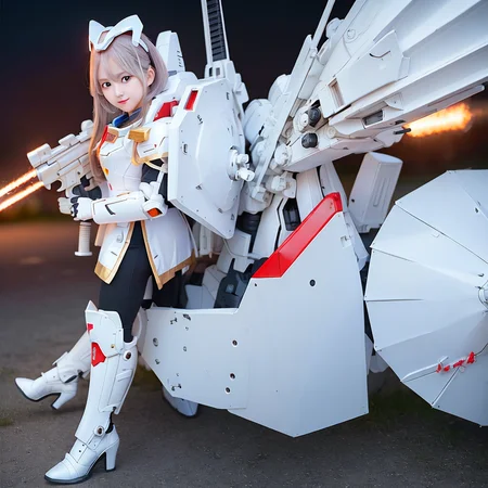 <lora:Korean-doll-likeness:0.1>,<lora:Japanese-doll-likeness:0.4>,<lora:Taiwan-doll-likeness:0.1>,((8k, RAW photo, highest quality, masterpiece),High detail RAW color photo professional full shot photo,(realistic, photo realism:1.37),(highest quality),(best shadow),(best illustration),ultra high resolution,highly detailed CG unified 8K wallpapers,physics-based rendering, cinematic lighting),(aegyo sal:1),1girl,cute face,beautiful eye,beautiful mouth,makeup,Feminine Expressions,shy,very long leg,weapon,gundam weapon on my back,wear new high tech mobile suit armour,white,holding weapon,very huge gun,holding Very large shield,(focus on face:1.1),msgirl girl,<lora:msgirlLora_v20:1>,