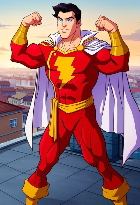 High Quality,  Shazam,  solo, 1man, flexing arms, black hair, blue eyes, red suite, white cape, red hero suite, muscle body, posing on the roof of a building,