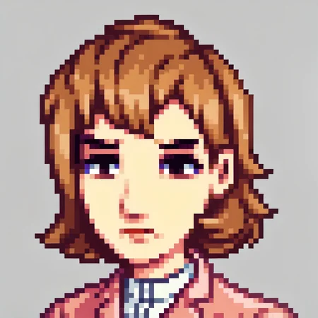 score_9, score_7_up, source_anime, 1girl, solo, frown, looking at viewer, <lora:Stardew-Valley-Portraits-pdxl_Fp:1> simple background, portrait, pixel art, white background, <lora:zs_ToriumiXL:1> toriumip3, short hair, brown hair, brown eyes, pink blazer