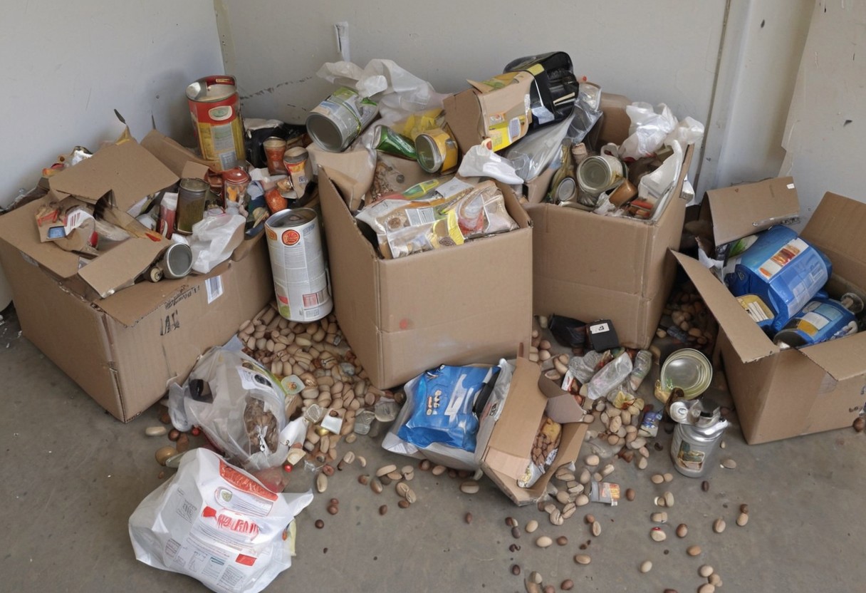 clutter, trash, glass bottle, tools, coffee beans, electronics, canned food, bottle, pile of canned food, plastic bags, cardboard boxes, clutter, trash, messy storage, various items, detailed, concrete floor, dead mouse, belly up