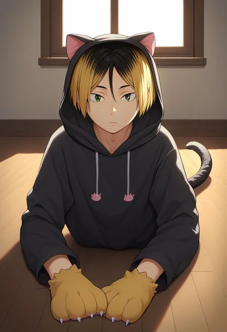 score_9, score_8_up, score_7_up, 1boy, solo, male focus, kenma, blonde hair, multicolored hair, two-tone hair, black hair, brown eyes, bangs, male focus, cat onesie, animal onesie, hoodie, hood up, black animal ears, cat ears, cat costume, animal costume, black clothes, pijama, fluffy clothes, pajama, cat tail, 1dk, portrait, derpibooru_p_95, otoko no ko, detailed eyes, indoors, full body portrait, from below, lying on floor, window, cat paws, on back, front paws,