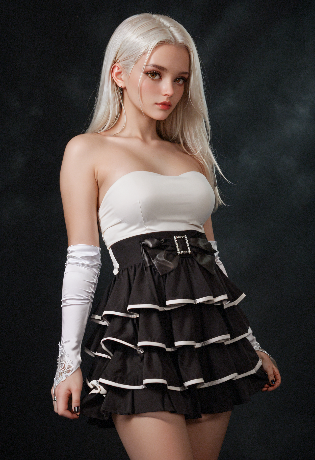score_9,score_8_up,score_7_up,score_6_up,masterpiece,best quality,amazing quality,very aesthetic,high resolution,ultra-detailed,absurdres,dark background,1girl,standing,looking_to_the_side,medium breasts,white hair,brown eyes,high-waist skirt,frilled skirt,pleated skirt,white trim,black skirt,bare shoulders,white top,strapless dress,detached sleeves,elbow gloves,white gloves,black bow,<lora:MyTrainings\Temp\White_Top_Black_Frilled_Skirt_Pony_Pony_ARZUMATA\White_Top_Black_Frilled_Skirt_Pony_Pony_ARZUMATA.safetensors:0.7>