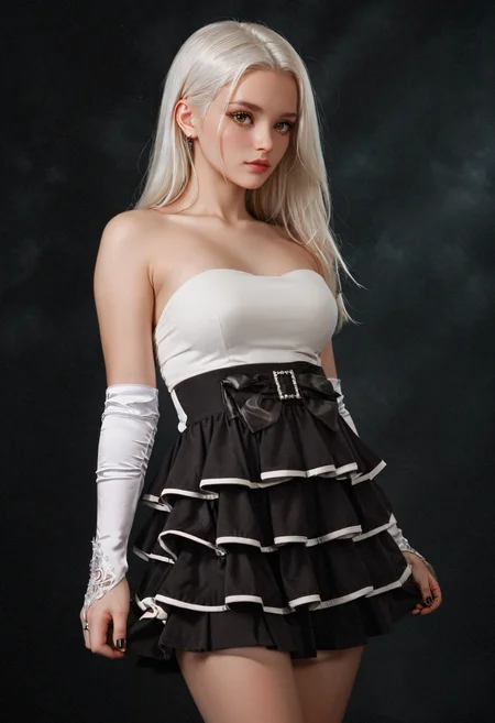 score_9,score_8_up,score_7_up,score_6_up,masterpiece,best quality,amazing quality,very aesthetic,high resolution,ultra-detailed,absurdres,dark background,1girl,standing,looking_to_the_side,medium breasts,white hair,brown eyes,high-waist skirt,frilled skirt,pleated skirt,white trim,black skirt,bare shoulders,white top,strapless dress,detached sleeves,elbow gloves,white gloves,black bow,<lora:MyTrainings\Temp\White_Top_Black_Frilled_Skirt_Pony_Pony_ARZUMATA\White_Top_Black_Frilled_Skirt_Pony_Pony_ARZUMATA.safetensors:0.7>