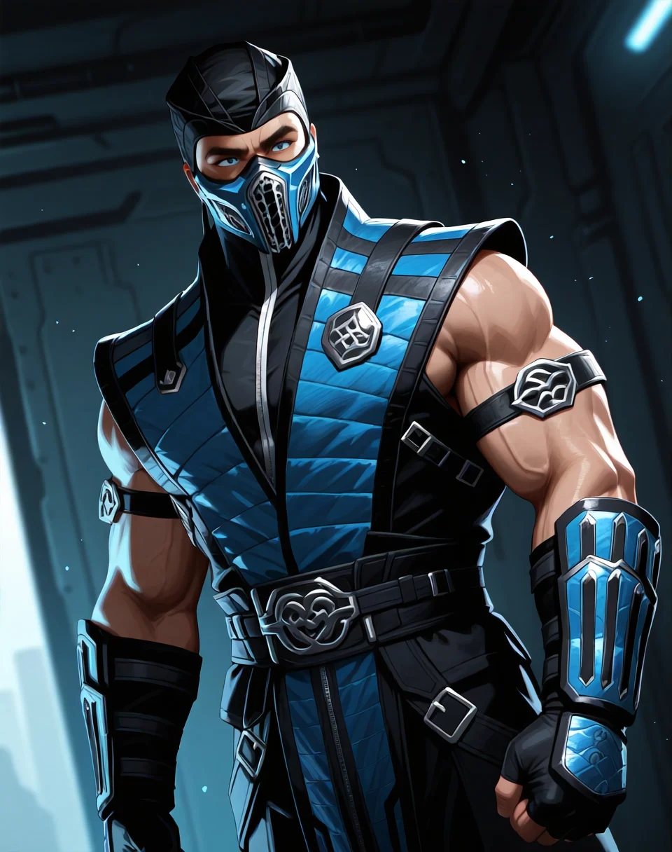 <lora:Sub_Zero_(Mortal_Kombat)_(Illustrious)_(AD):1> Sub Zero, muscular, Mortal Kombat,
dutch angle, interior, underground robotic laboratory,
male chest focus, gradient coloring, villain,
BREAK very awe, aesthetically pleasing, masterpiece, best quality, amazing quality, very aesthetic, perfect depth of field shot, in'ei,
Smooth Quality, lazympos, IllustQualXL_Pos,