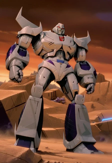score_9, score_8_up, score_7_up, Snuddy, Blender, solo, Megatron_tfp, Transformer, Robot, Sharp teeth, claws, Perfect eyes, Perfect face, red eyes, glowing eyes, Armor, Gray body, Tall, long legs, metal, smug expression, smirk, evil grin, spread legs, knees apart feet apart, stands in the middle of a rocky desert, Transformers, Animation, <lora:Transformers 86 FT:1>