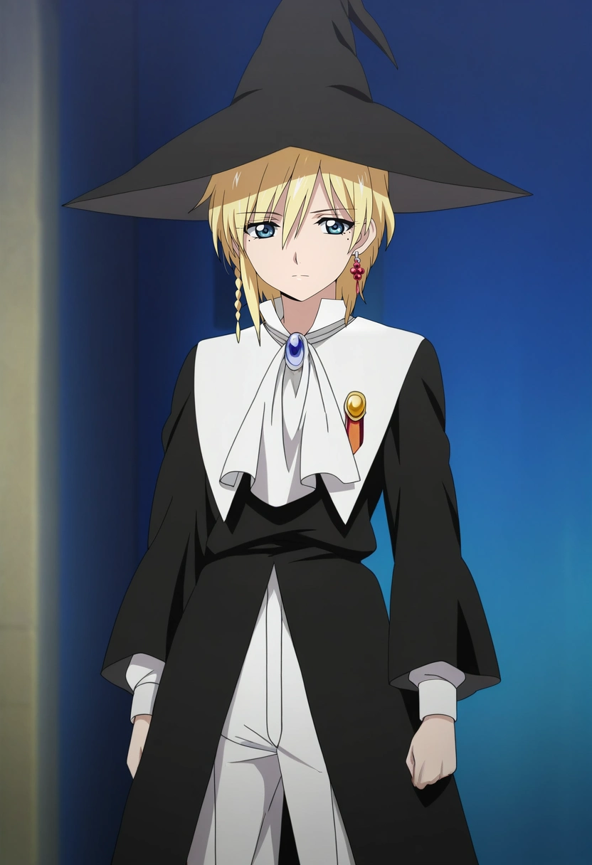 masterpiece, best quality, anime screencap, official style, anime coloring, cowboy shot, 1boy, solo, male focus, <lora:titus_alexius_ilxl:0.98>, titus_alexius, blonde hair, blue eyes, short hair, braid, mole, mole under eye, earrings, witch hat,