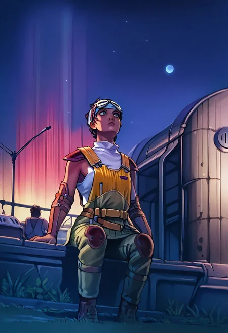 Detailed,traditional media,2d,Score_9, score_8_up, score_7_up, score_6_up, 1girl,( pvrti:1.3),  solo,  science fiction, 1girl,solo focus, (dark skin), night, aurora, outdoors, full moon, cowboy shot, dutch angle, sitting on a cargo container, looking up, content, Goggles, headband, suspenders, shoulder pads