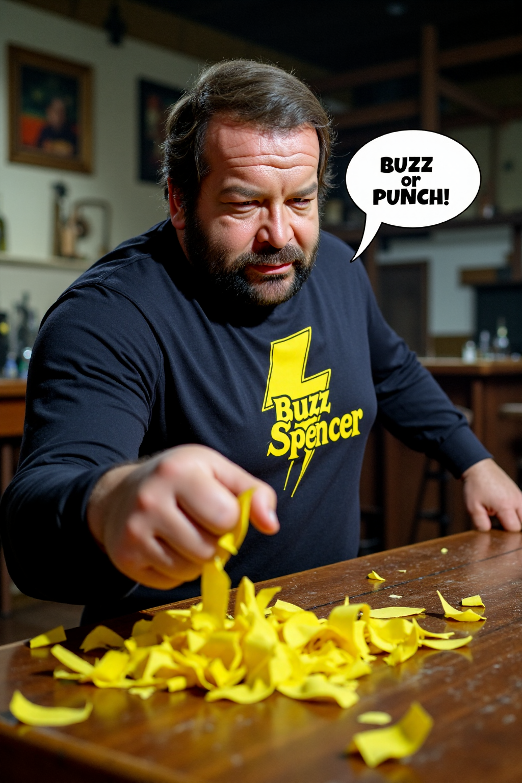 cinematic photograph of  badsp3ncer72 as he dynamically punches with his fist on a table. His shirt shows a big yellow lightning and the words "Buzz Spencer" like a logo in big letters. The big wooden table smashes and breaks down into pieces under his punch and great strength. From the table falls a great number of yellow lightnings onto the ground. He looks into the camera with a grim look. Next to his head is a speech bubble with the words "BUZZ or PUNCH!". The scenery is a old saloon of a western movie.   <lora:flux_train_replicate:2.0>