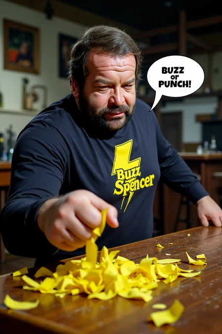 cinematic photograph of badsp3ncer72 as he dynamically punches with his fist on a table. His shirt shows a big yellow lightning and the words "Buzz Spencer" like a logo in big letters. The big wooden table smashes and breaks down into pieces under his punch and great strength. From the table falls a great number of yellow lightnings onto the ground. He looks into the camera with a grim look. Next to his head is a speech bubble with the words "BUZZ or PUNCH!". The scenery is a old saloon of a western movie. <lora:flux_train_replicate:2.0>