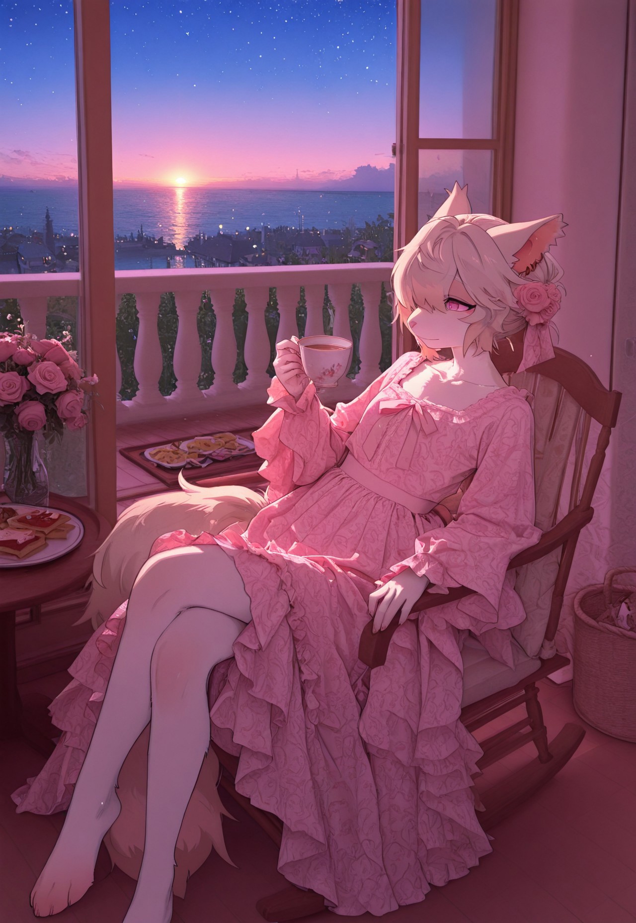 aakkuroyuki, masterpiece, best quality, very aesthetic, absurdres, highres, solo, monster girl, {{ferret girl:0.8}}, {{rose girl}}, {{rose petal hair}}, {{anthro hybrid}}, {{ferret ears}}, snout, {{white fur}}, long fluffy tail, {{ferret girl}}, japanese-idol-outfit, rose dress, pink dress, natural, garden, manor, springtime, leaning back, relaxed, calm, kuudere, kind eyes, facing viewer, legs crossed, {{toast with jam and tea}}, snack tray, side table, {{holding tea mug}}, {{pink make up}}, {{flower garden}}, twilight, starry sky, porch, rocking chair, abstract roses, 1600's fashion, soft pink glowneon, scenic view, cinematic lighting, {{psychedelic realm:1.1}}, {{wonderland:0.6}}, soft colored pallete, meticulously detailed image 