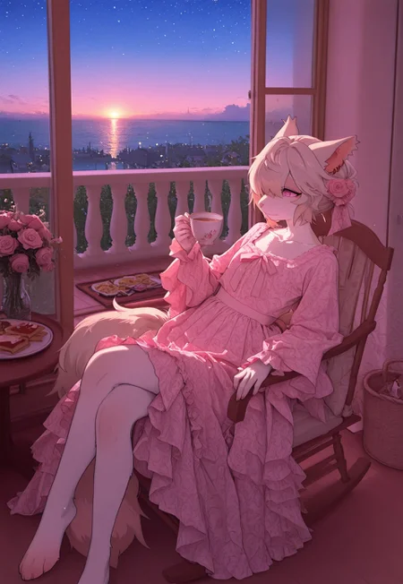 aakkuroyuki, masterpiece, best quality, very aesthetic, absurdres, highres, solo, monster girl, {{ferret girl:0.8}}, {{rose girl}}, {{rose petal hair}}, {{anthro hybrid}}, {{ferret ears}}, snout, {{white fur}}, long fluffy tail, {{ferret girl}}, japanese-idol-outfit, rose dress, pink dress, natural, garden, manor, springtime, leaning back, relaxed, calm, kuudere, kind eyes, facing viewer, legs crossed, {{toast with jam and tea}}, snack tray, side table, {{holding tea mug}}, {{pink make up}}, {{flower garden}}, twilight, starry sky, porch, rocking chair, abstract roses, 1600's fashion, soft pink glowneon, scenic view, cinematic lighting, {{psychedelic realm:1.1}}, {{wonderland:0.6}}, soft colored pallete, meticulously detailed image 
