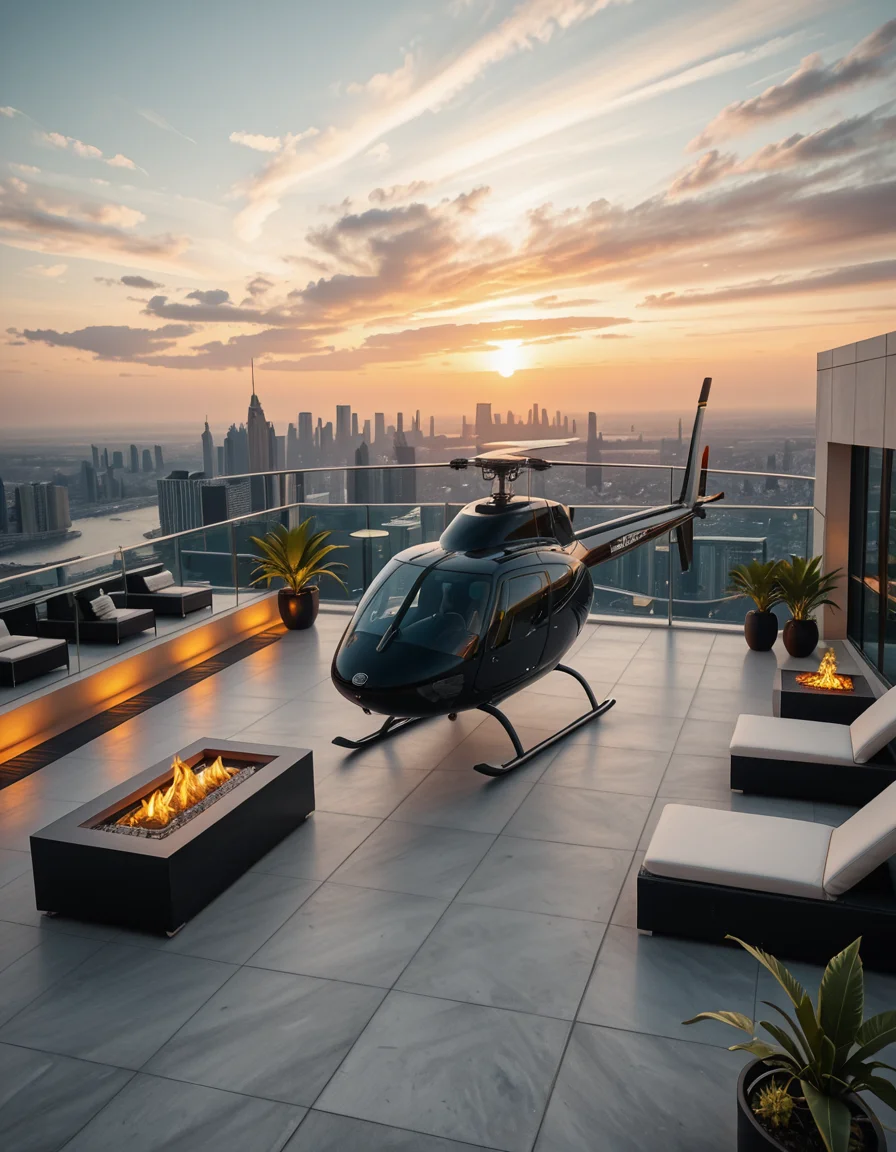 A high-resolution photo of a luxurious rooftop of a five-star hotel at sunset, featuring a sleek helipad with a high-end, matte-black private helicopter elegantly parked. The rooftop is designed with ultra-modern architecture, featuring a spacious terrace with infinity-edge glass railings, ambient lighting, and a panoramic city skyline in the background. The surface of the helipad is clean, polished concrete with clear illuminated markings. Surrounding the helipad, there are lounge areas with modern outdoor furniture, minimalist fire pits, and decorative planters with tropical greenery. The lighting is warm and golden, casting soft shadows and highlighting the contours of the helicopter and the textures of the rooftop. The sky is dramatic, painted with hues of orange, pink, and violet, creating a cinematic atmosphere of luxury and exclusivity. The overall mood is elite, calm, and aspirational, showcasing the ultimate in urban luxury lifestyle.
<lora:SDXLFaeTastic2400:0.4> <lora:extremely_detailed:0.4> extremely detailed,helipad r00ft0p <lora:helipad_r00ft0p-i:1>, Masterpiece,best quality,hi res,8k,hi res,8k,award winning,(sharp focus, intricate, highly detailed),
