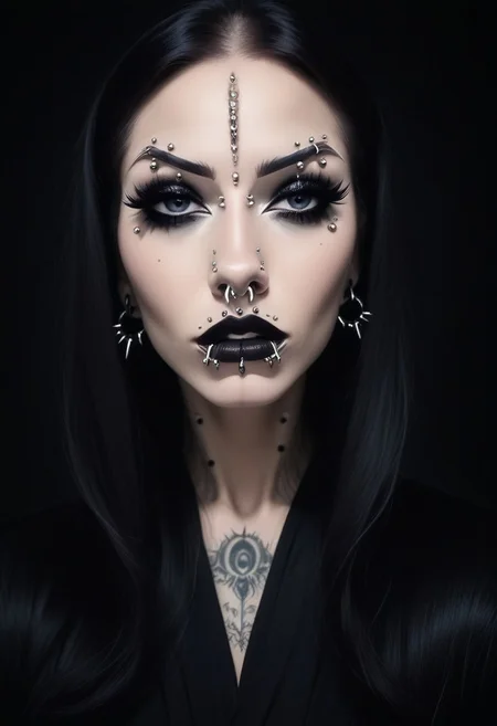 score_9, score_8_up, score_7_up, rating_safe, concept art, realistic, dark theme, low light.
1girl, solo, (ExtrFacePiercing:1.8).
((Sexy makeup)).