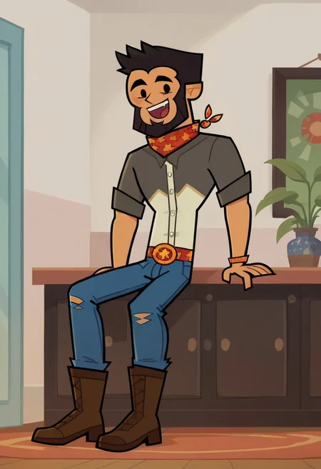 score_9, score_8_up, score_7_up, score_6_up, Homestuck^2_style, flat color, FINN AGUDELO, 1boy, solo, nice skin, black hair, Black eyes, Black beard, cowboy costube, boots, bluejeans, happy, indoors,