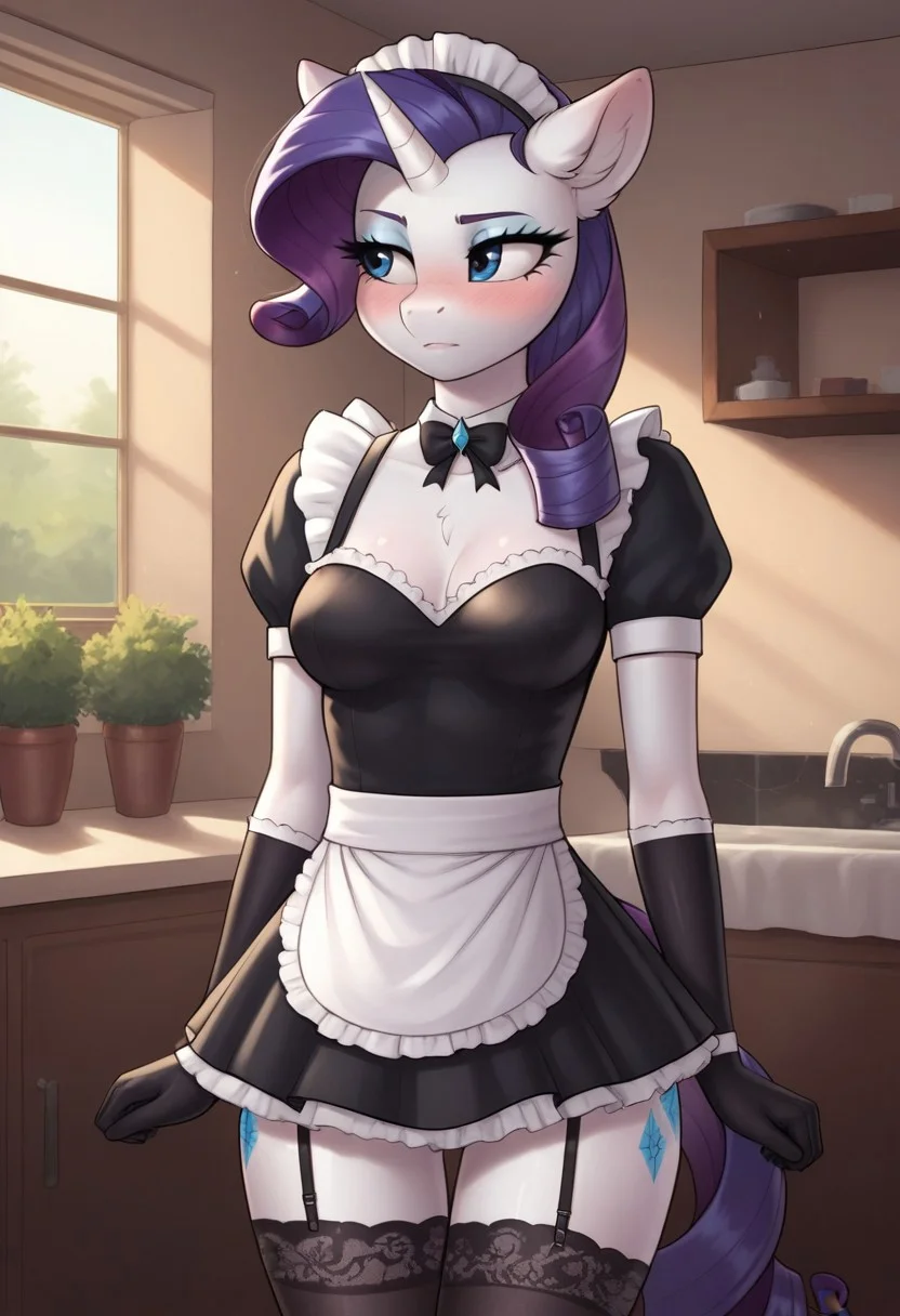 score_9, score_8_up, score_7_up, score_6_up, realistic illustration, dramatic angle, house, indoors, close view, 1girl, solo, rarity, (anthro pony), 18 yo, tail, petite body, shiny skin, medium breasts, (maid, maid outfit), standing, blush, blushing, confused face, looking away, black stockings, lace stockings, garter straps, black silk gloves