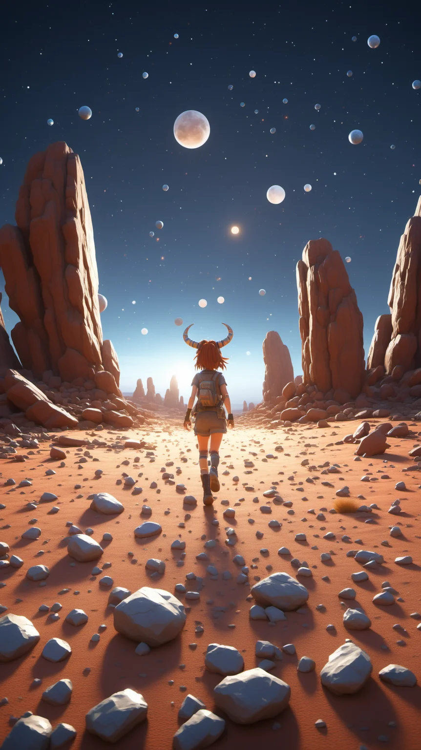 2girl,two horns on his head,looking from above,the space,afloat,moons,Running position,Wide-angle lens distortion,BJ_debris,outdoors,sky,no_humans,night,star_\(sky\),night_sky,scenery,rock,stone,Photographic,3D Model,Cinematic,(masterpiece:1.4),Rebellious girl,NVDI,building,A high resolution,ultra - detailed,<lora:SDXL_debris:0.7>,