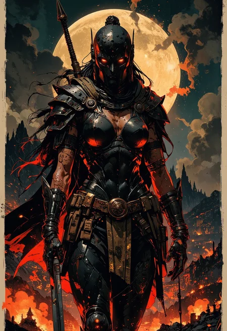 in the style of ck-mgs, nistyle, Inkplash art on rice paper, sepia, henna, Silhouette Art, magnificent, inksplash, closeup portrait, female spartan warrior, large breasts, toned arms, flowing black hair, reflective black and neon red armor, armor, large breasts, holding a spear, abstract background suggesting a mountain top, overlooking a village in a valley, midnight atmosphere, moonlight, moon rays, night, Cowboy Shot, close up,