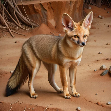 incredibly absurdres,solo,photorealistic,blanfordsfox,brown fur,black facial markings,medium ears,small,feral,detailed background,looking at viewer,outdoors,standing on ground,<lora:Foxes_-_Multiple_Species:1>,