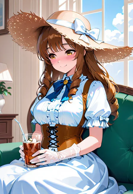 masterpiece, best quality, amazing quality, girl, brown hair, perfect eyes, portrait shot, long hair, ringlets hair, bangs, medium breasts, 8k, highest quality, ultra details,1girl, solo,
Southern Belle, (yellow:1.4) hoop dress, cinched waist, short sleeves, corset, white hair bow, blue hair ribbons, wide brimmed straw hat, medium breasts, white silk gloves, blush, happy, shy smile, sitting, in a plantation mansion living room, holding a glass of iced tea, sunny day, fluffy white clouds, flowery path, summer season, plantation mansion living room background, indoors, pastel colors, warm lighting, from the side